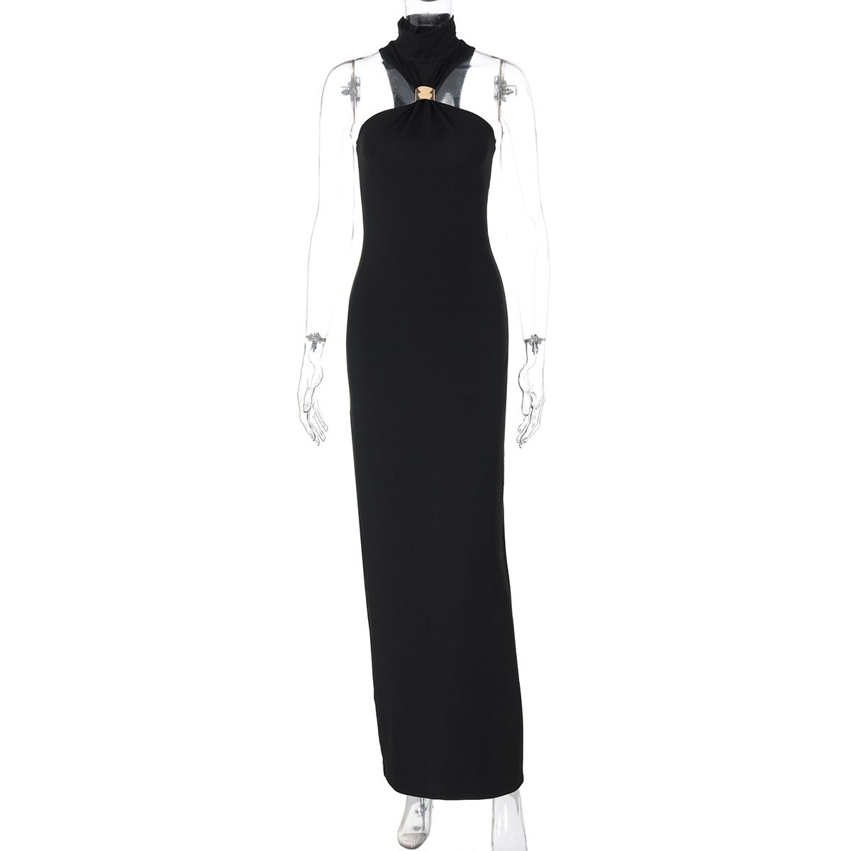 Off-shoulder Sexy Maxi Dress Women Gown Summer New Ring Metal Sleeveless Backless Skinny Knit Long Dress R0215A