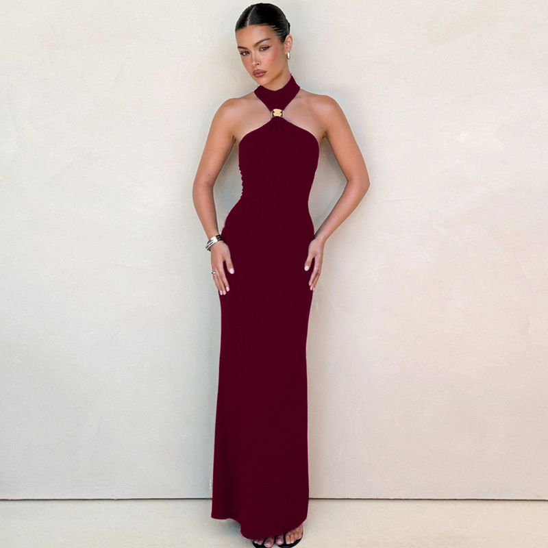Off-shoulder Sexy Maxi Dress Women Gown Summer New Ring Metal Sleeveless Backless Skinny Knit Long Dress R0215A