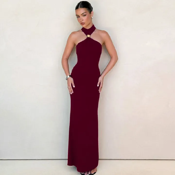 Off-shoulder Sexy Maxi Dress Women Gown Summer New Ring Metal Sleeveless Backless Skinny Knit Long Dress R0215A