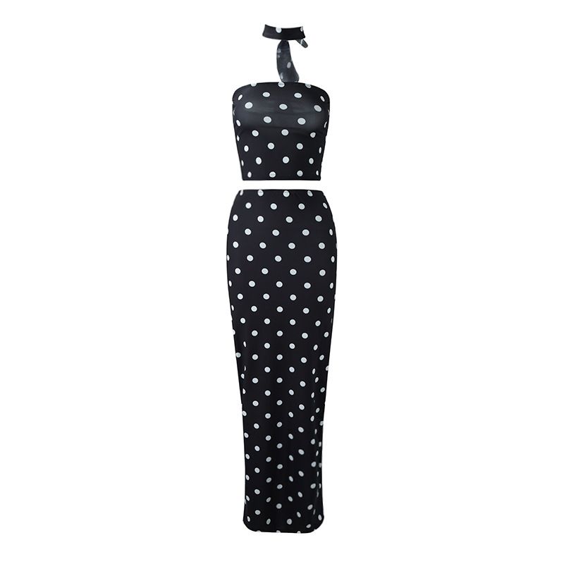 Dot Prints Strapless Scarf Hip Wrap Sheath Fashion Suits Elegant Women Sets Sexy Club Streetwear Trendy Female 2 Pieces R0346