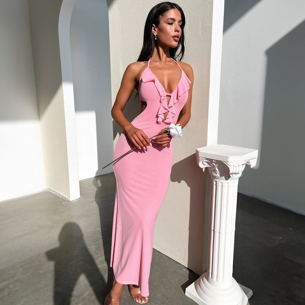 Halter Ruffle Backless Sexy Dress For Women Robes Elegant Evening Party Dress Bodycon Long Summer Dress Vestidos R0239