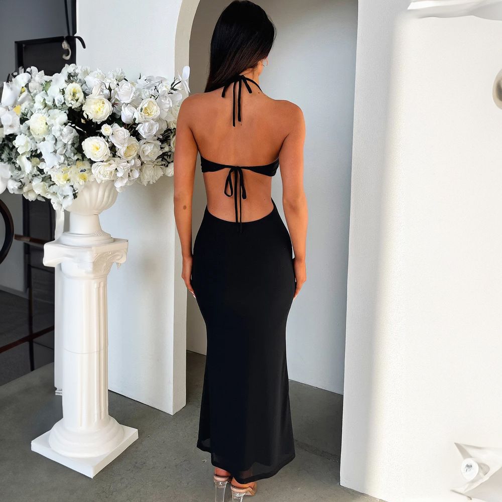Halter Ruffle Backless Sexy Dress For Women Robes Elegant Evening Party Dress Bodycon Long Summer Dress Vestidos R0239