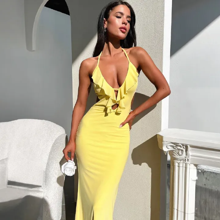 Halter Ruffle Backless Sexy Dress For Women Robes Elegant Evening Party Dress Bodycon Long Summer Dress Vestidos R0239