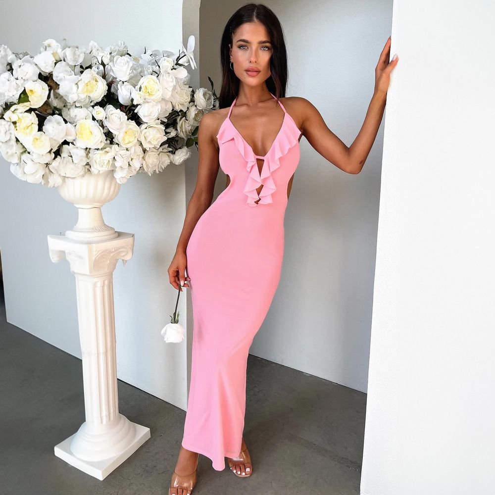 Halter Ruffle Backless Sexy Dress For Women Robes Elegant Evening Party Dress Bodycon Long Summer Dress Vestidos R0239