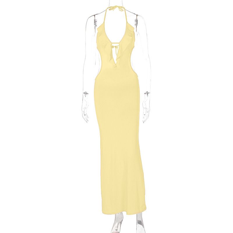 Halter Ruffle Backless Sexy Dress For Women Robes Elegant Evening Party Dress Bodycon Long Summer Dress Vestidos R0239