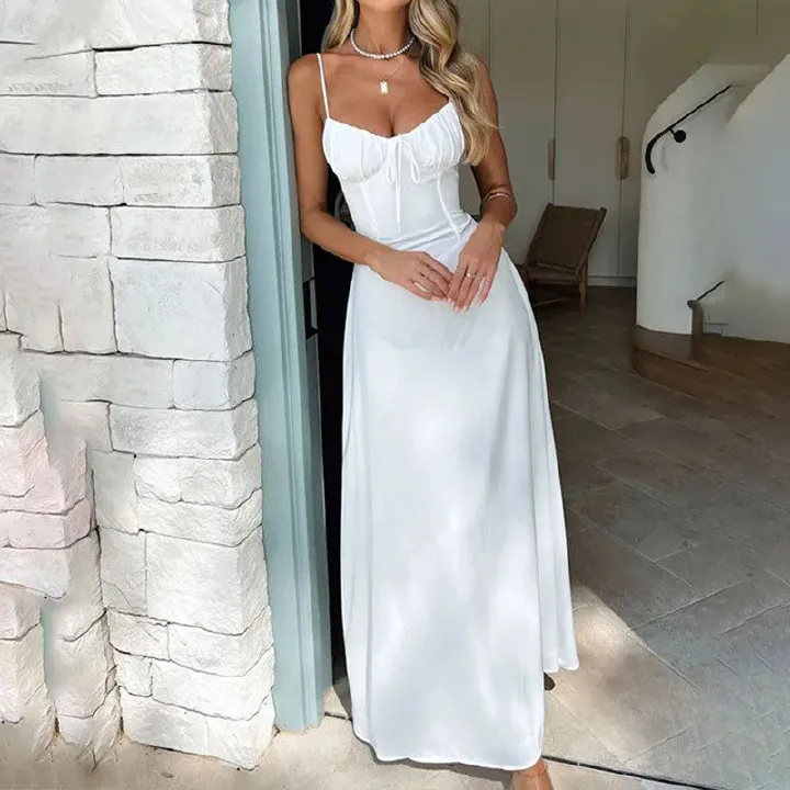 2025 New Spring Summer Temperament Robe Femme A Line Long Ladies Fashion Sexy Solid Color Slip Dress Lace Up Elegant Dress R0203A