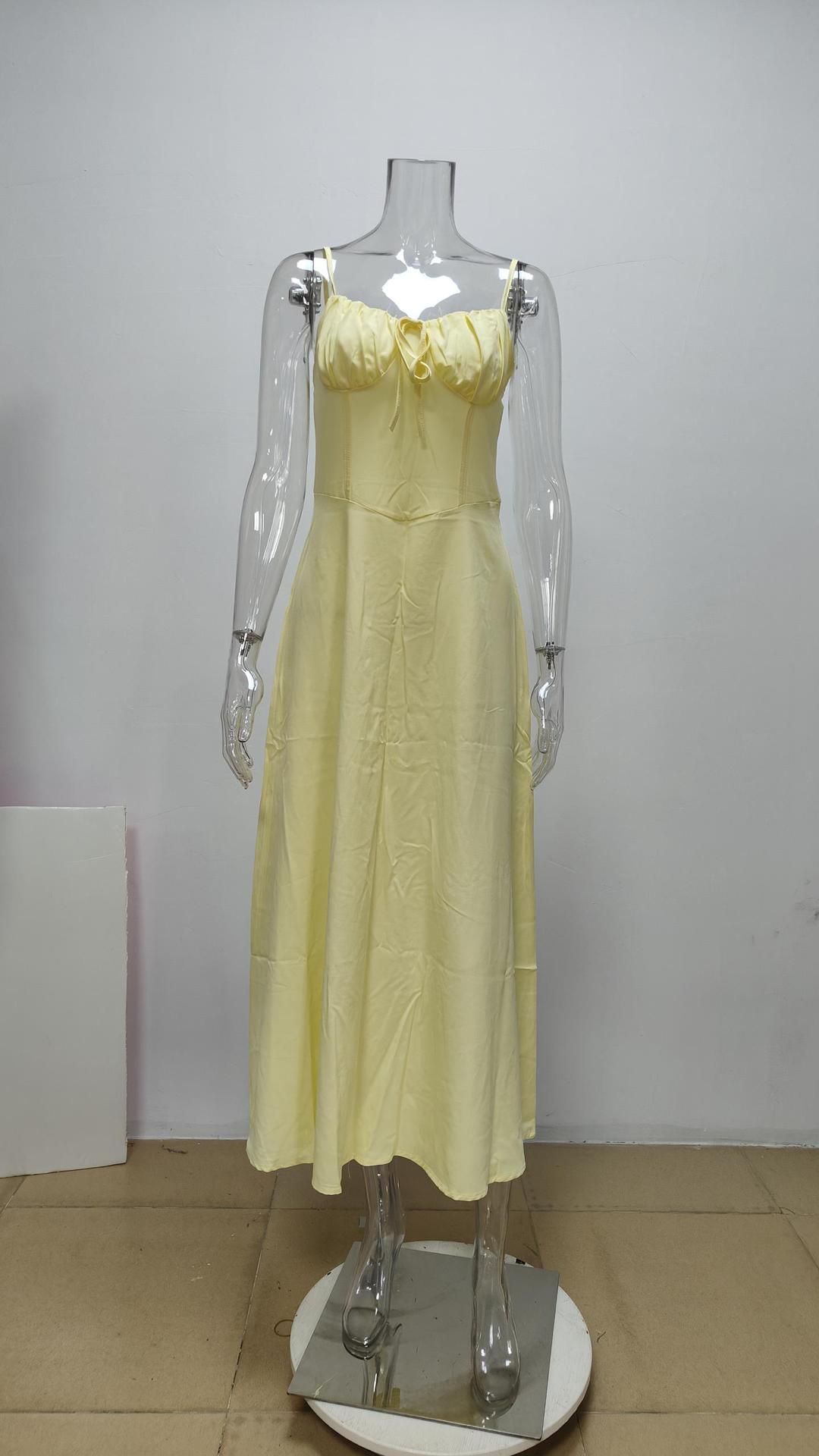 2025 New Spring Summer Temperament Robe Femme A Line Long Ladies Fashion Sexy Solid Color Slip Dress Lace Up Elegant Dress R0203A