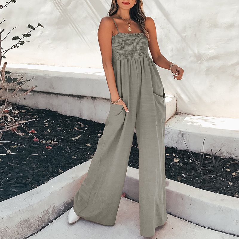 Jumpsuits Women new summer fashion solid color draw pleated wrap chest off shoulder high waist strap rompers clothing R0353