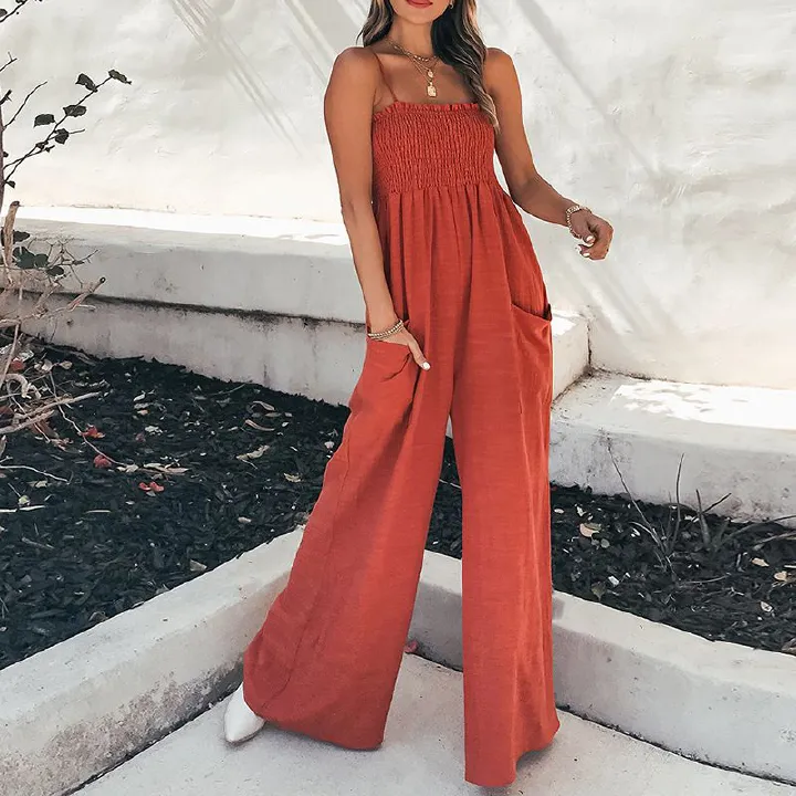Jumpsuits Women new summer fashion solid color draw pleated wrap chest off shoulder high waist strap rompers clothing R0353