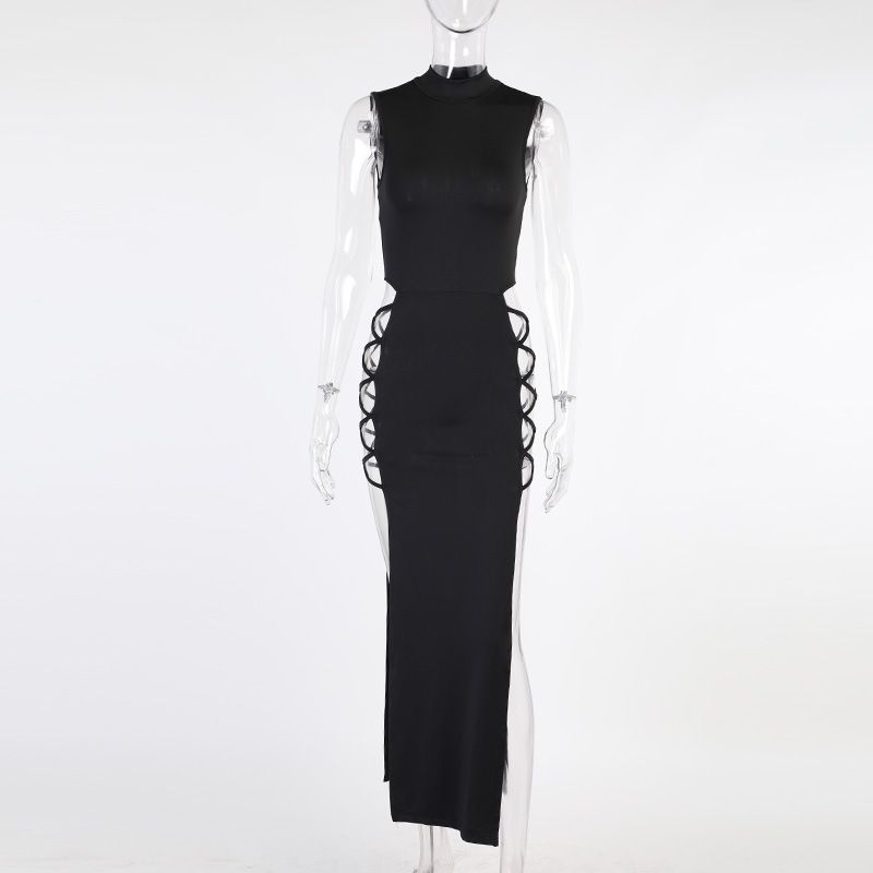 Womens Long Dress Mock Neck Sleeveless Sexy Black Bandage Women Fashion Slim Dress 2025 Summer Women's Evening Party Club Robe R0283