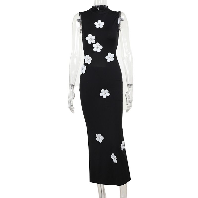 Women Sexy Elegant 3D Flower Black Dress One Piece Backless Holiday Maxi Dresses 2024 Summer Streetwear Club Vestidos R0212