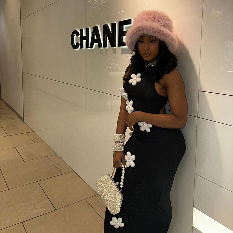 Women Sexy Elegant 3D Flower Black Dress One Piece Backless Holiday Maxi Dresses 2024 Summer Streetwear Club Vestidos R0212