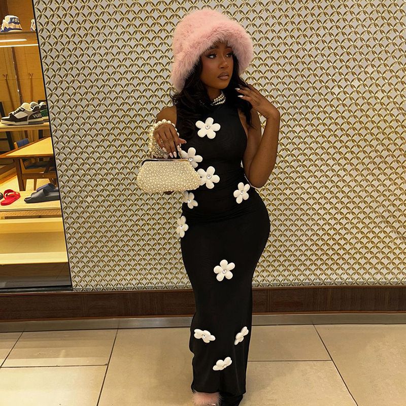 Women Sexy Elegant 3D Flower Black Dress One Piece Backless Holiday Maxi Dresses 2024 Summer Streetwear Club Vestidos R0212
