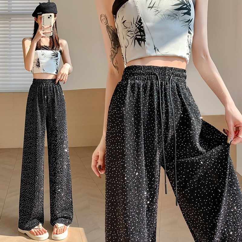 Women Straight Wide Leg High Waist Sparkling Pants Loose Casual Elastic Waist Pants Saggy Fashion Long Trousers Female Clothing R0501