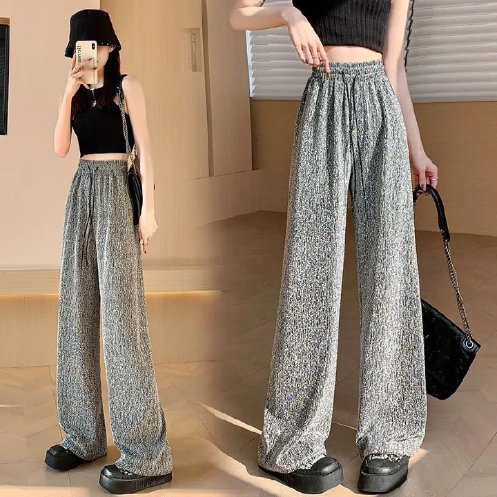 Women Straight Wide Leg High Waist Sparkling Pants Loose Casual Elastic Waist Pants Saggy Fashion Long Trousers Female Clothing R0501