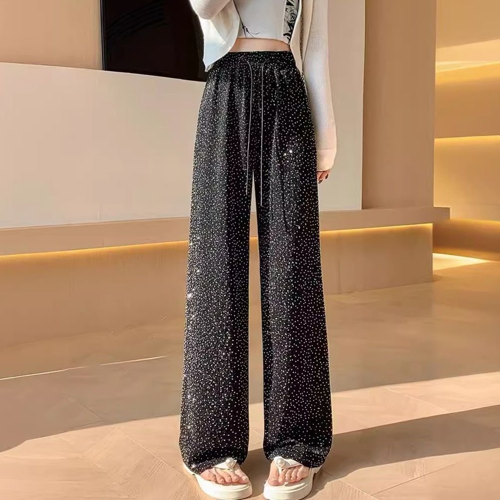 Women Straight Wide Leg High Waist Sparkling Pants Loose Casual Elastic Waist Pants Saggy Fashion Long Trousers Female Clothing R0501