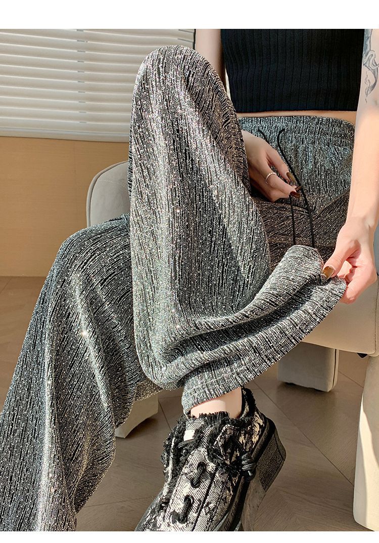 Women Straight Wide Leg High Waist Sparkling Pants Loose Casual Elastic Waist Pants Saggy Fashion Long Trousers Female Clothing R0501