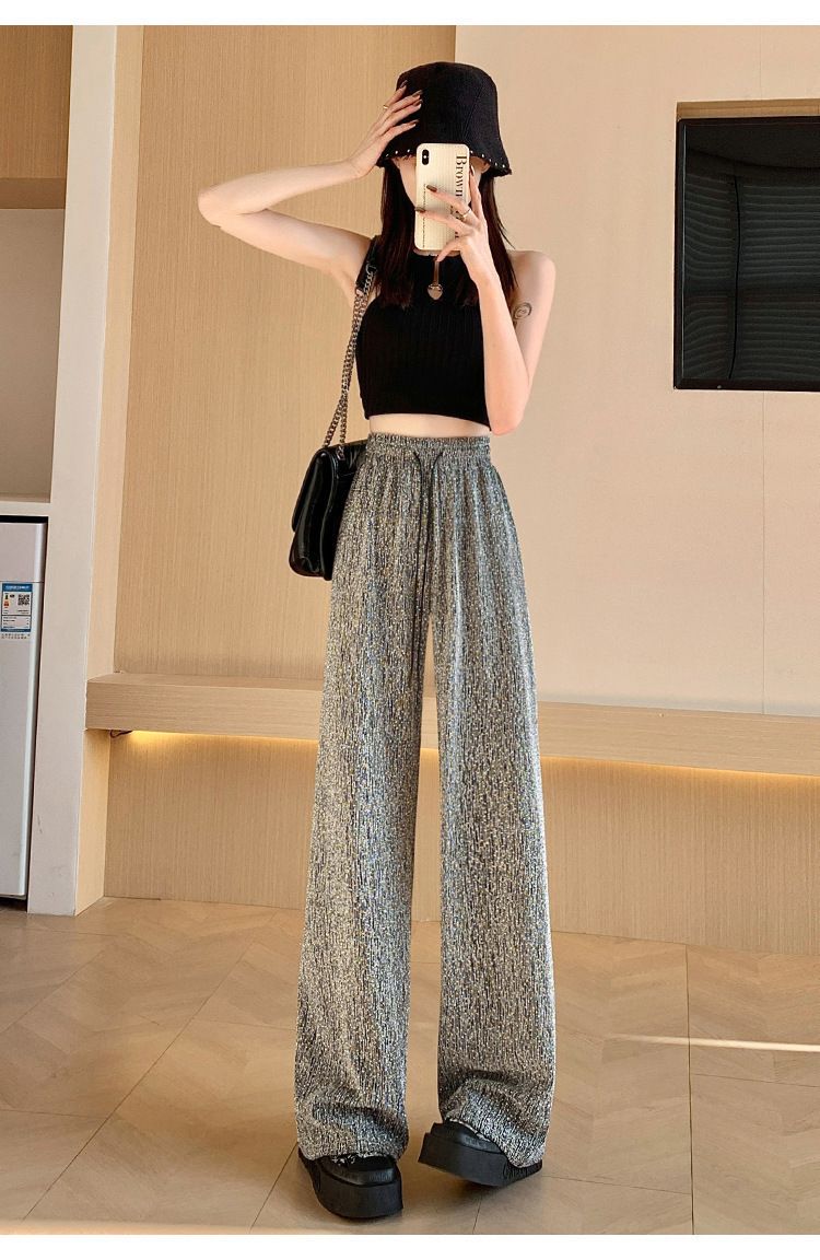 Women Straight Wide Leg High Waist Sparkling Pants Loose Casual Elastic Waist Pants Saggy Fashion Long Trousers Female Clothing R0501