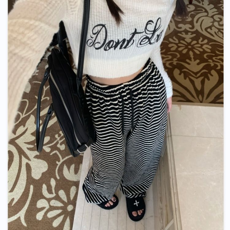 2025 Black and White Striped Wide Leg Casual Pants For Women High Waisted New Style Loose Hanging Pants Lazy And Casual Mopping R0502