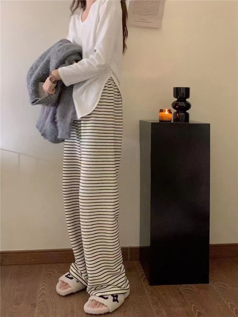 2025 Black and White Striped Wide Leg Casual Pants For Women High Waisted New Style Loose Hanging Pants Lazy And Casual Mopping R0502