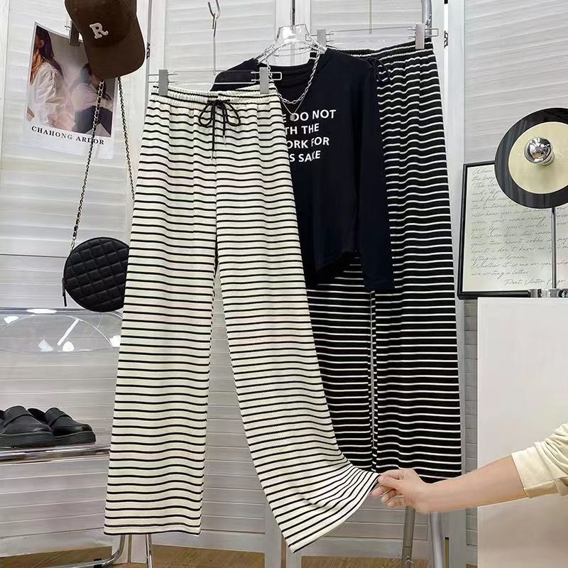 2025 Black and White Striped Wide Leg Casual Pants For Women High Waisted New Style Loose Hanging Pants Lazy And Casual Mopping R0502