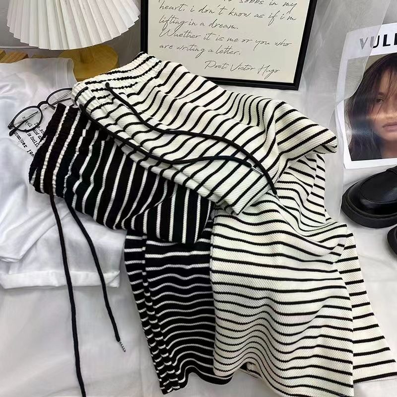 2025 Black and White Striped Wide Leg Casual Pants For Women High Waisted New Style Loose Hanging Pants Lazy And Casual Mopping R0502