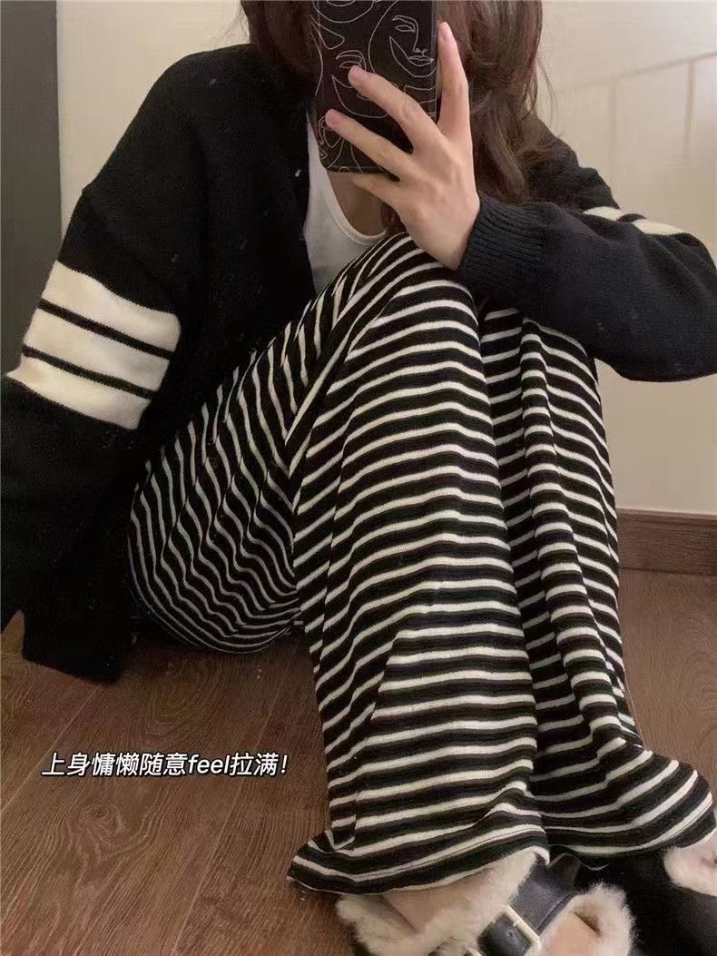 2025 Black and White Striped Wide Leg Casual Pants For Women High Waisted New Style Loose Hanging Pants Lazy And Casual Mopping R0502