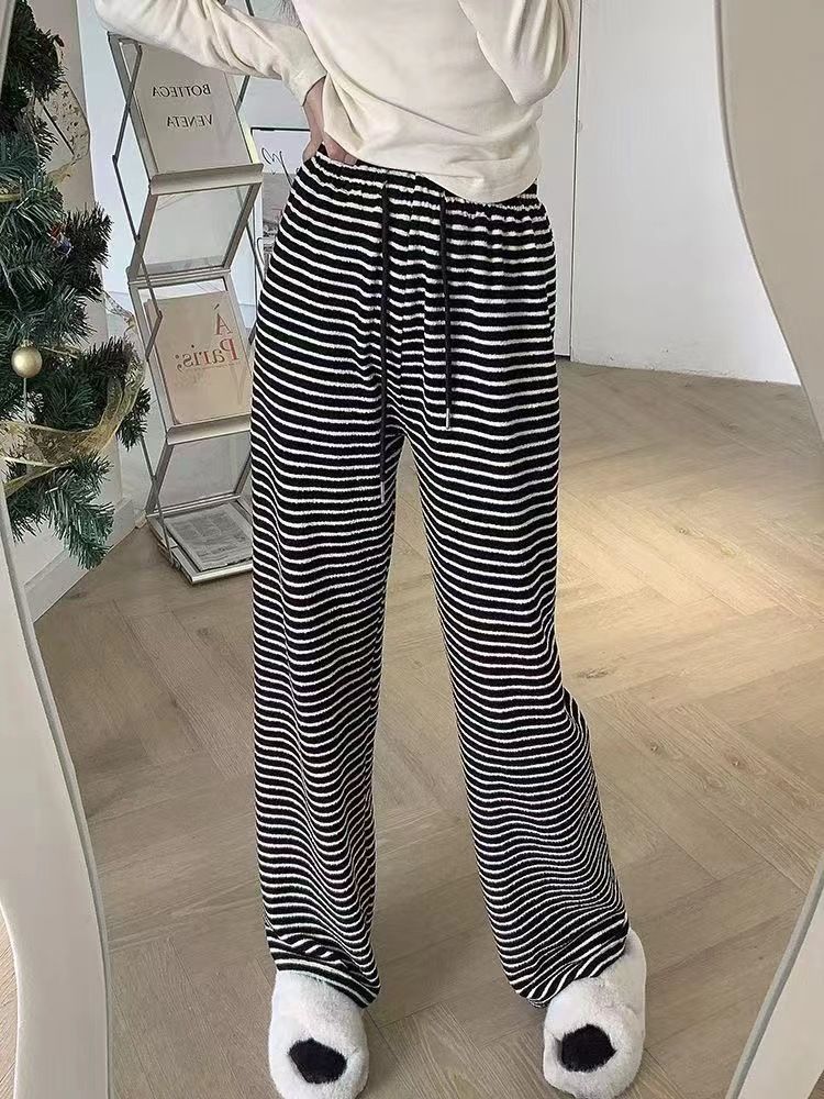 2025 Black and White Striped Wide Leg Casual Pants For Women High Waisted New Style Loose Hanging Pants Lazy And Casual Mopping R0502