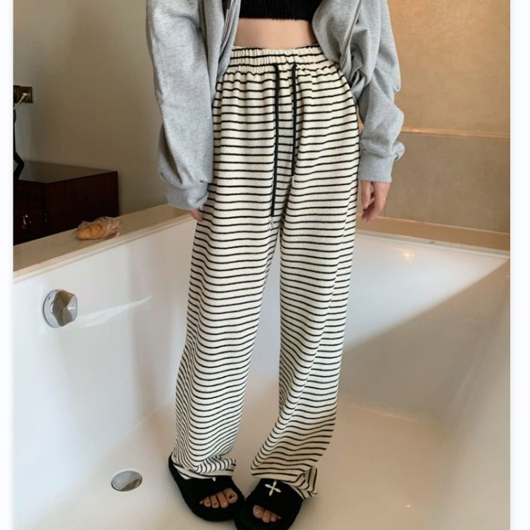 2025 Black and White Striped Wide Leg Casual Pants For Women High Waisted New Style Loose Hanging Pants Lazy And Casual Mopping R0502