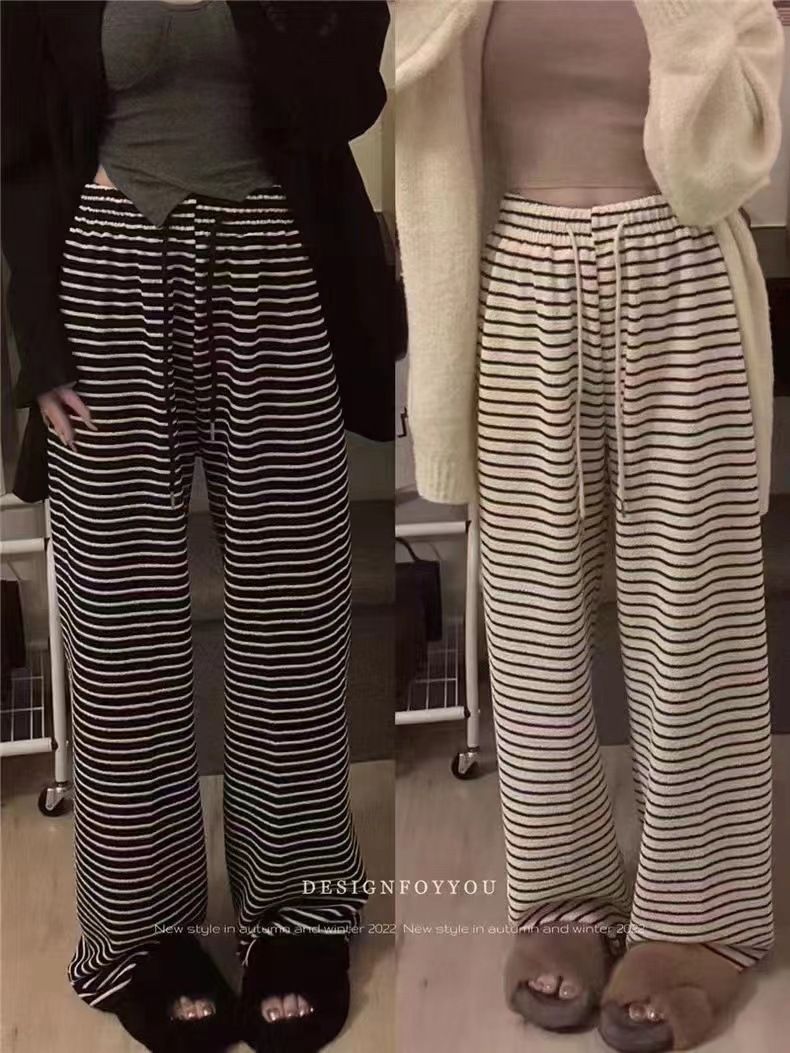 2025 Black and White Striped Wide Leg Casual Pants For Women High Waisted New Style Loose Hanging Pants Lazy And Casual Mopping R0502
