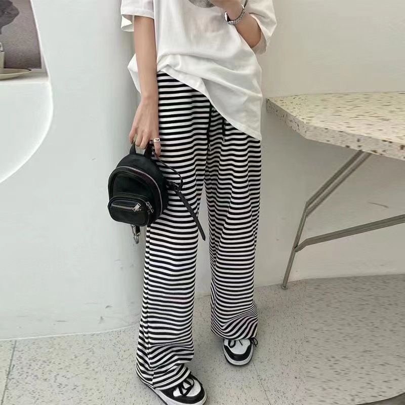 2025 Black and White Striped Wide Leg Casual Pants For Women High Waisted New Style Loose Hanging Pants Lazy And Casual Mopping R0502