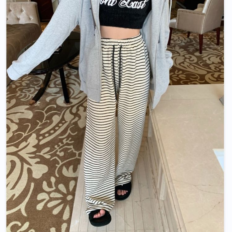 2025 Black and White Striped Wide Leg Casual Pants For Women High Waisted New Style Loose Hanging Pants Lazy And Casual Mopping R0502
