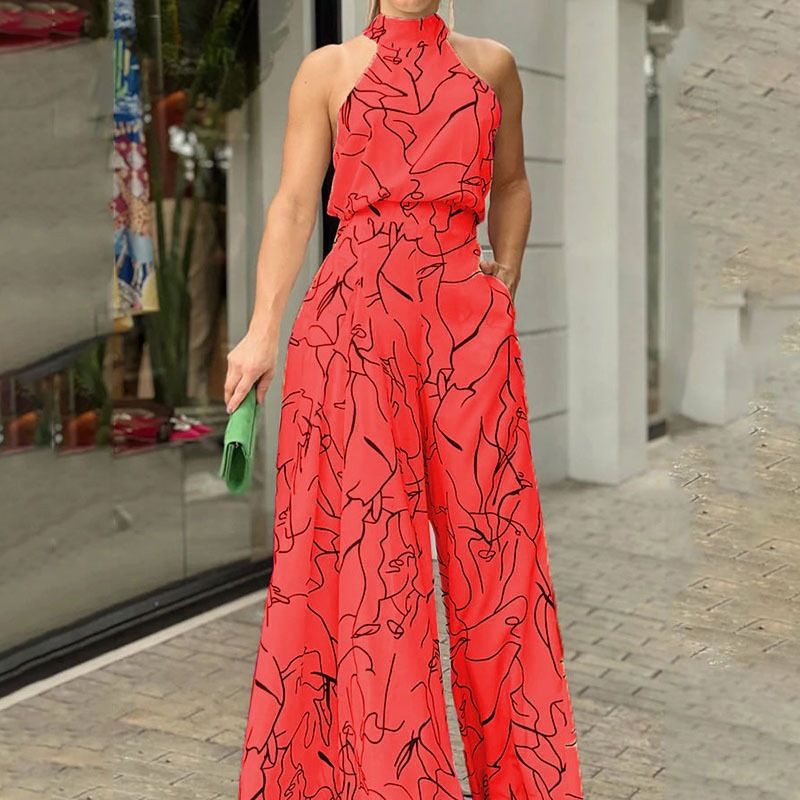 Autumn New Women's Jumpsuit Sexy Half Neck Long Sleeve Art Print Jumpsuit High Street Jumpsuit Wide Leg Jumpsuit  Colors R0361