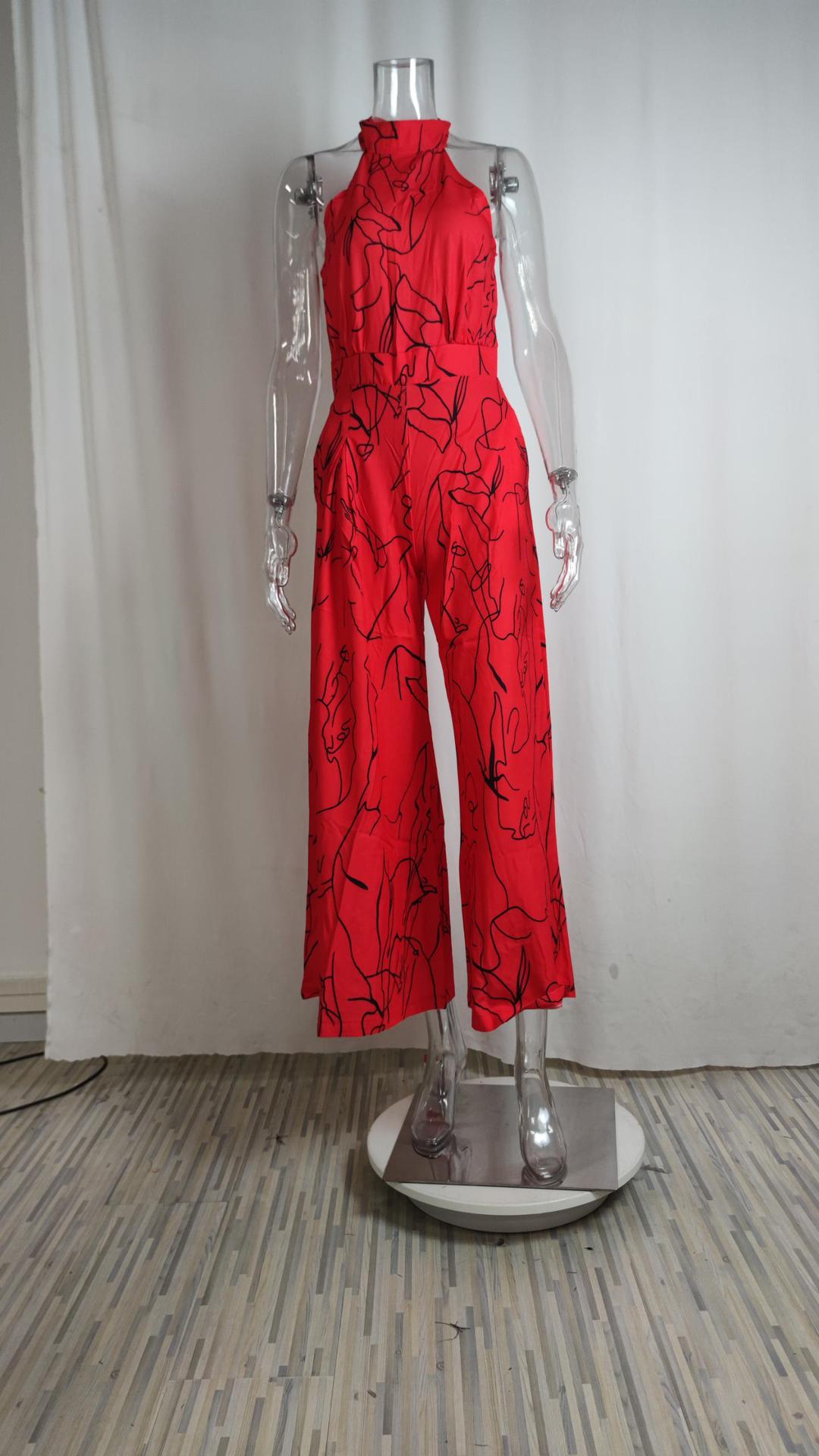 Autumn New Women's Jumpsuit Sexy Half Neck Long Sleeve Art Print Jumpsuit High Street Jumpsuit Wide Leg Jumpsuit  Colors R0361