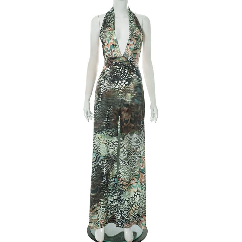 Cross-Over Neckline Floor-Length Maxi Dress with Peacock Feather Print And Slits for Women Spring Summer Fashionable Dress R0260