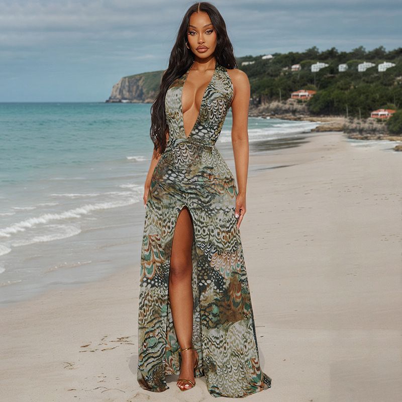 Cross-Over Neckline Floor-Length Maxi Dress with Peacock Feather Print And Slits for Women Spring Summer Fashionable Dress R0260