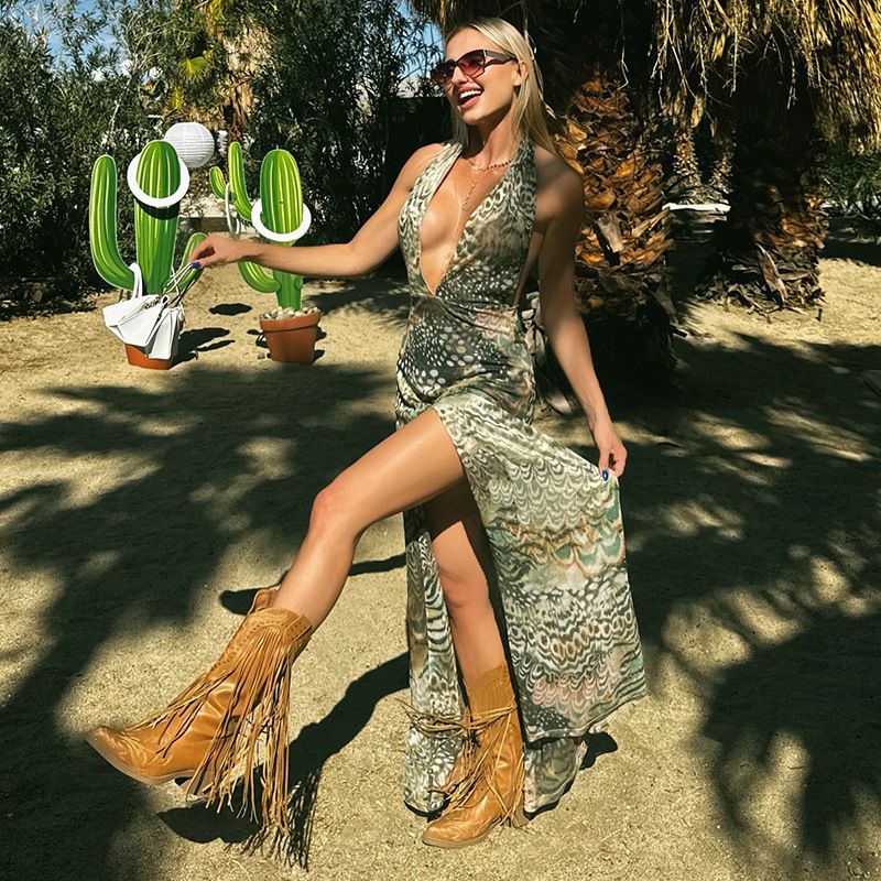 Cross-Over Neckline Floor-Length Maxi Dress with Peacock Feather Print And Slits for Women Spring Summer Fashionable Dress R0260