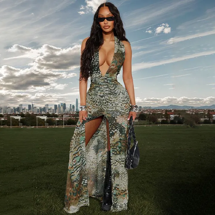 Cross-Over Neckline Floor-Length Maxi Dress with Peacock Feather Print And Slits for Women Spring Summer Fashionable Dress R0260