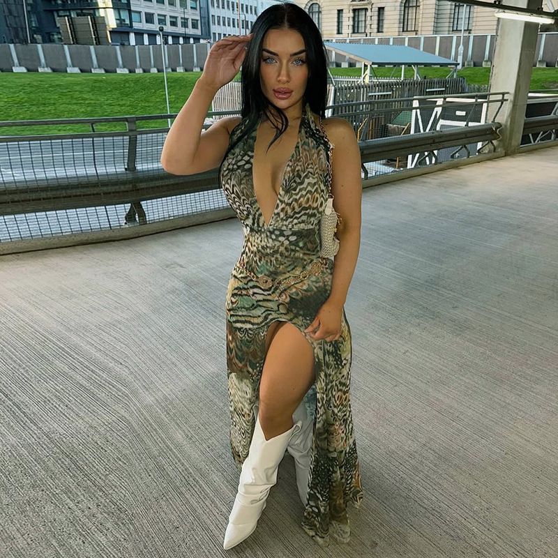 Cross-Over Neckline Floor-Length Maxi Dress with Peacock Feather Print And Slits for Women Spring Summer Fashionable Dress R0260