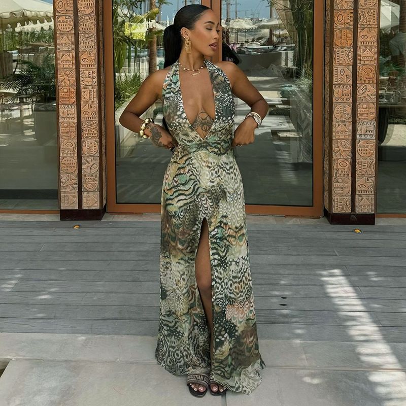 Cross-Over Neckline Floor-Length Maxi Dress with Peacock Feather Print And Slits for Women Spring Summer Fashionable Dress R0260