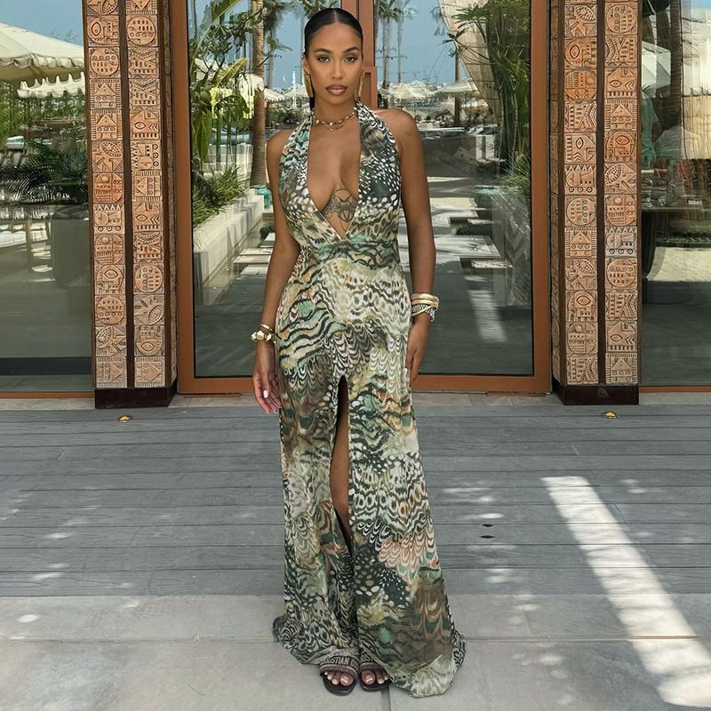 Cross-Over Neckline Floor-Length Maxi Dress with Peacock Feather Print And Slits for Women Spring Summer Fashionable Dress R0260