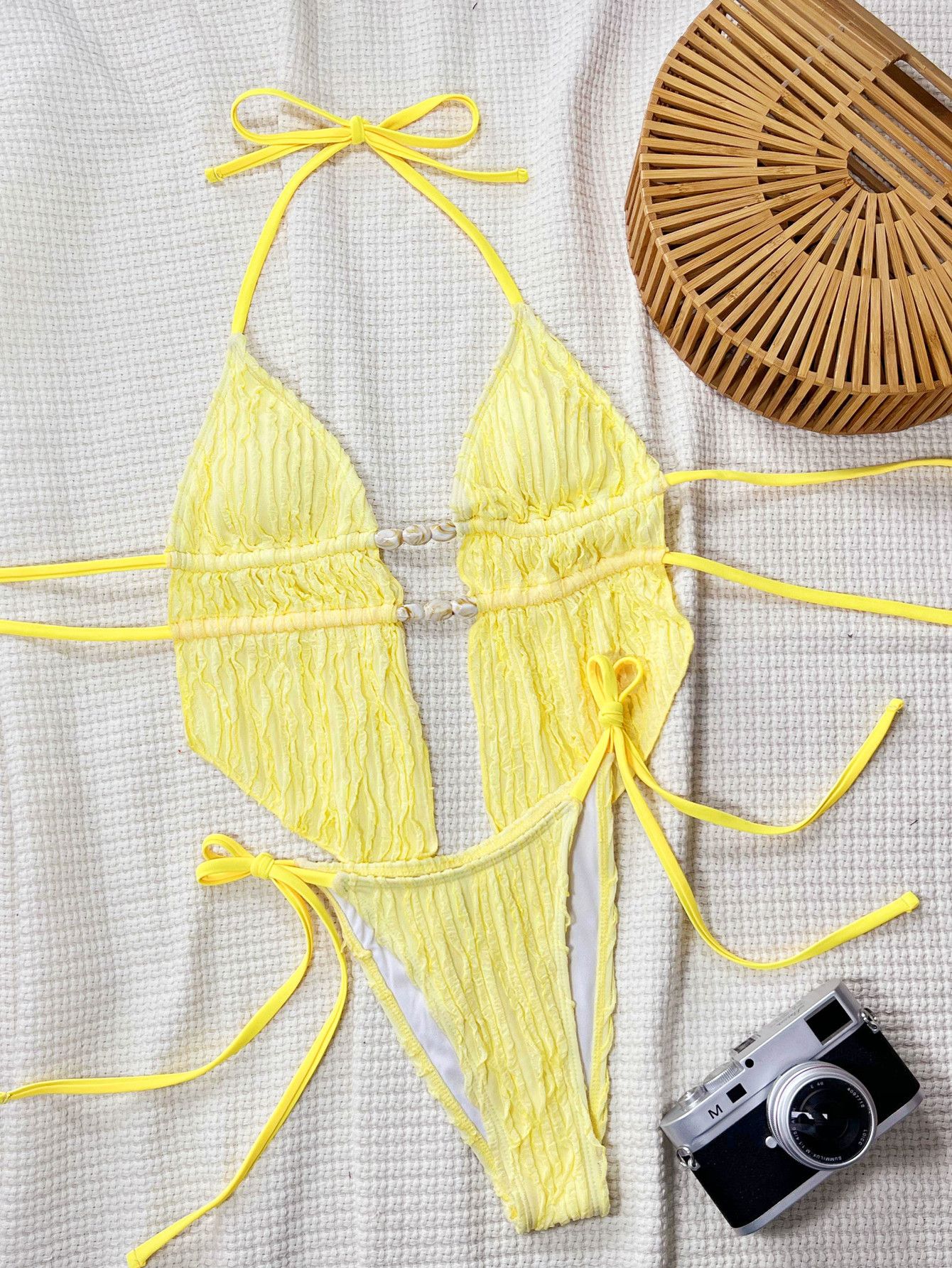 Yellow String Bikinis Halter Triangle Micro Bikini Set Thong Ruffled Ruched Sexy Swimsuit Women 2025 Swimwear Bather De Muj R0149B