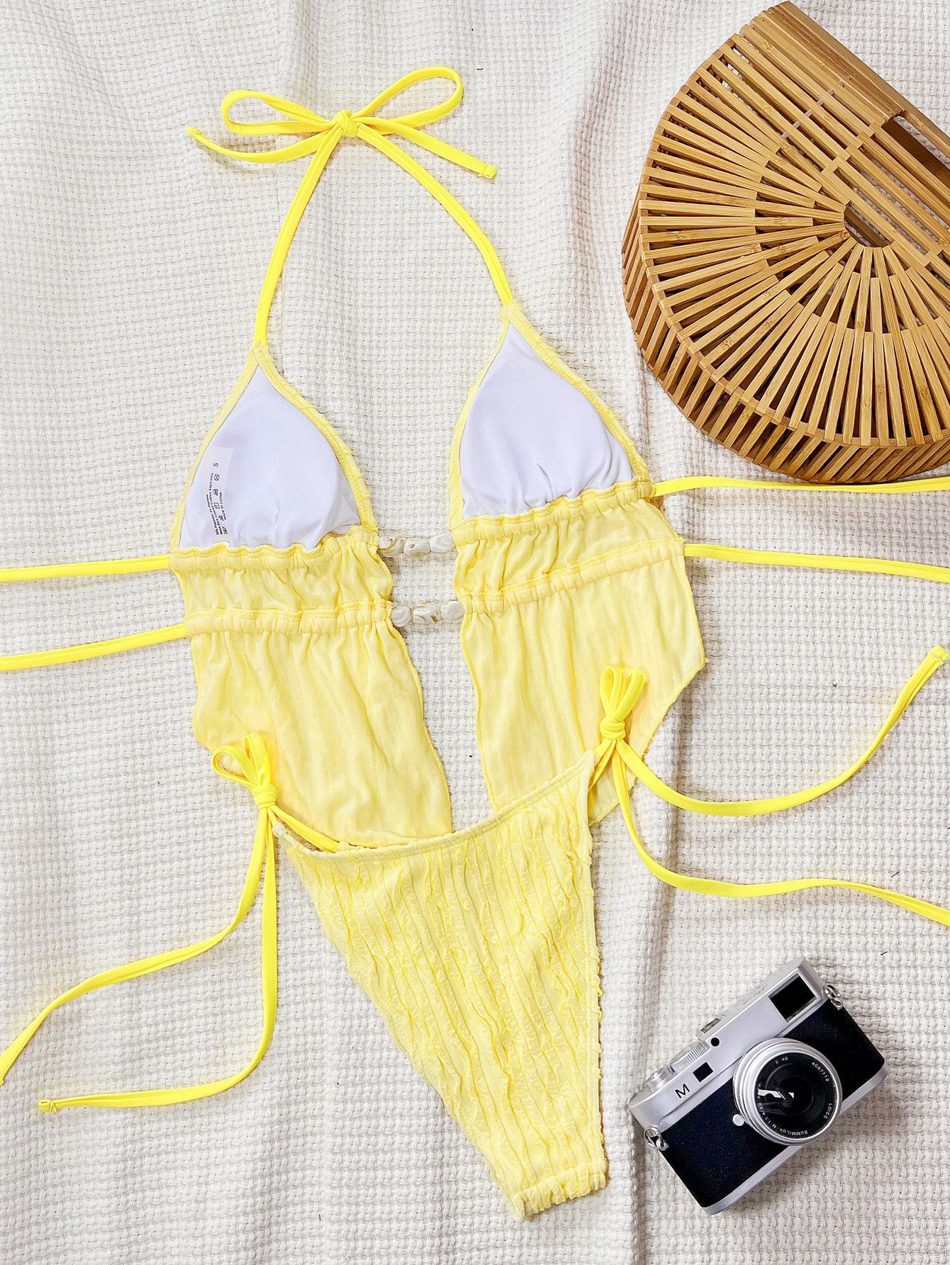 Yellow String Bikinis Halter Triangle Micro Bikini Set Thong Ruffled Ruched Sexy Swimsuit Women 2025 Swimwear Bather De Muj R0149B