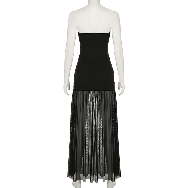 Elegant Women Sleeveless Strapless Mesh Patchwork Maxi Dress Sexy Solid Club Party Slit Dress Beach Vacation Clothing R0208