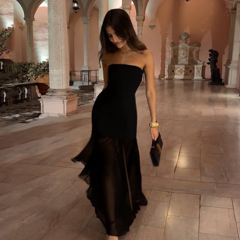 Elegant Women Sleeveless Strapless Mesh Patchwork Maxi Dress Sexy Solid Club Party Slit Dress Beach Vacation Clothing R0208