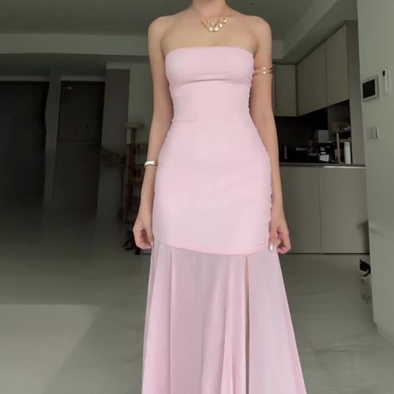 Elegant Women Sleeveless Strapless Mesh Patchwork Maxi Dress Sexy Solid Club Party Slit Dress Beach Vacation Clothing R0208