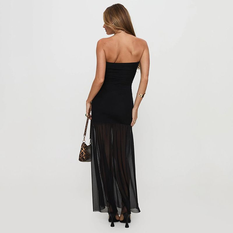 Elegant Women Sleeveless Strapless Mesh Patchwork Maxi Dress Sexy Solid Club Party Slit Dress Beach Vacation Clothing R0208
