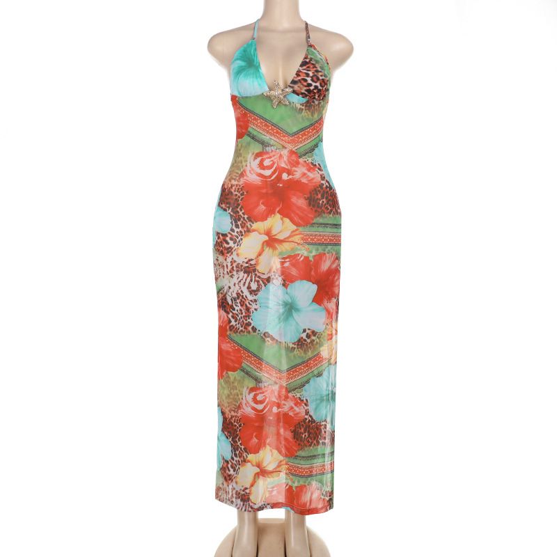 Sexy Tie Waist Slim Fit Dress With Lace Trim Ankle Length V Neck Summer New Arrival Women's Dress Cross Border R0220