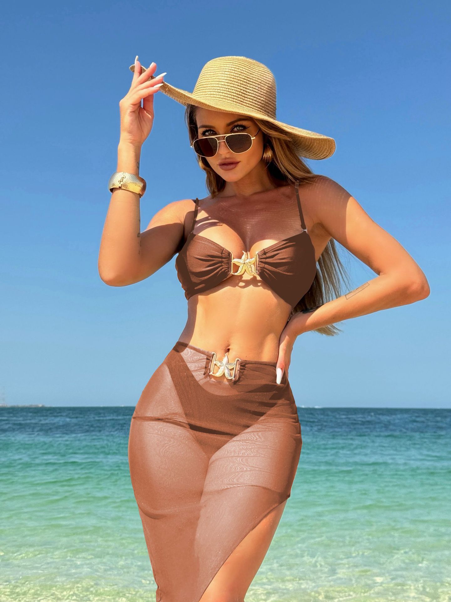 3Pieces Bikini 2025 Sexy Women Swimsuit Swimwear Female Solid Mesh Long Skirt Bikini Set Biquini Bathing Suit Swimming Suit