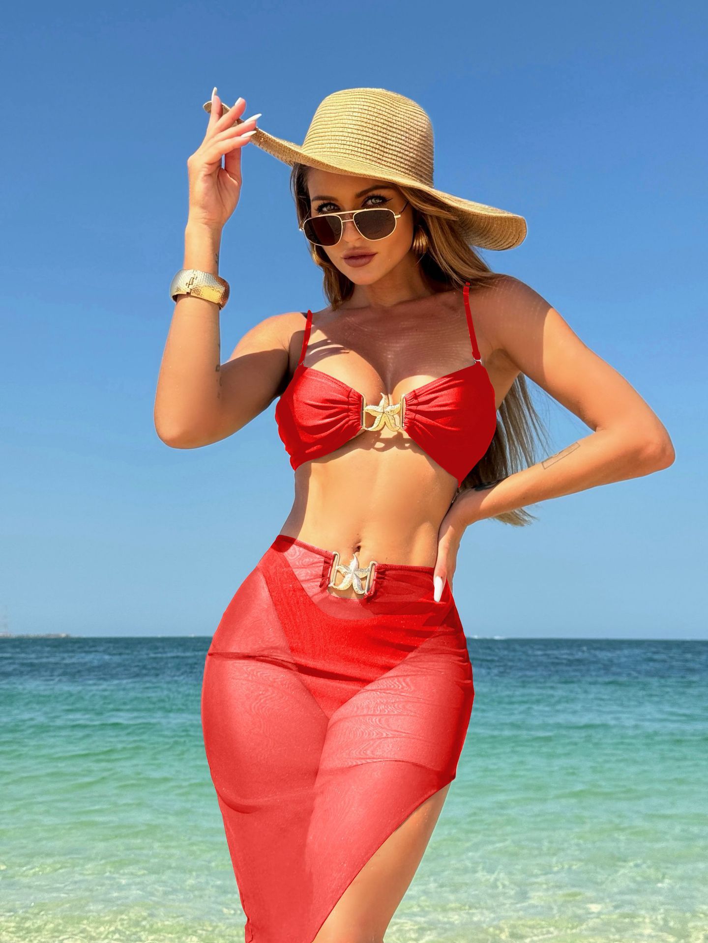 3Pieces Bikini 2025 Sexy Women Swimsuit Swimwear Female Solid Mesh Long Skirt Bikini Set Biquini Bathing Suit Swimming Suit